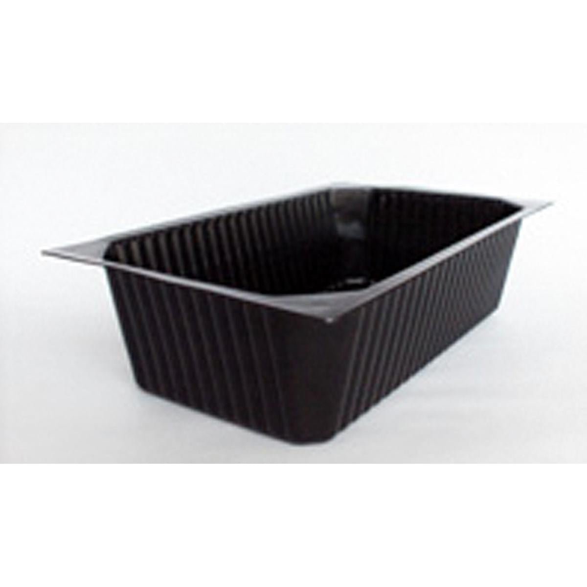 The Duni GmbH PP Tray 1/4 GN Black is a black, rectangular, ribbed tray, ideal for presentation on a buffet, depicted on a white background.