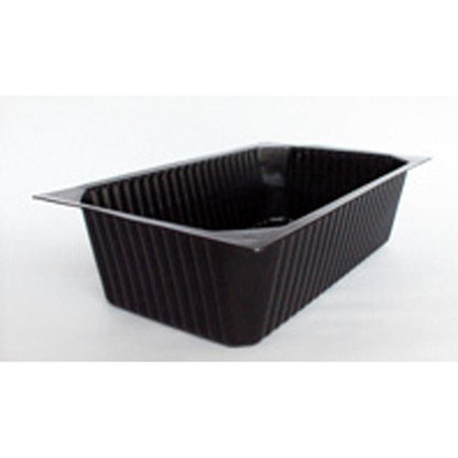 The Duni GmbH PP Tray 1/4 GN Black is a black, rectangular, ribbed tray, ideal for presentation on a buffet, depicted on a white background.