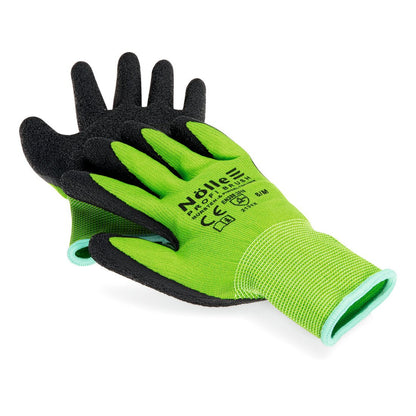 A pair of green Nölle Profi Brush Soft-Grip Glove Prestige gloves by Nölle Profi Brush Brush & Paint Technology e.K., with black, textured palm, with printed details on one glove, are stacked on a white background.