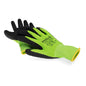 A pair of green Nölle Profi Brush Soft-Grip Glove Prestige work gloves by Nölle Profi Brush Brush & Paint Technology e.K. with black rubberized palms, safety markings and yellow wrist trim - ideal for professional cleaning work.