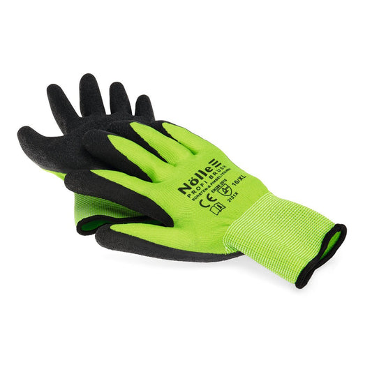 A pair of Nölle Profi Brush Soft-Grip Glove Prestige work gloves by Nölle Profi Brush Brush & Paint Technology e.K., in green and black with textured palms, test mark and brand logo, ideal for professional cleaning work.