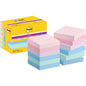 A yellow box of Post-it® Super Sticky Notes (47.6 mm x 47.6 mm, 90 sheets/block, 100% PEFC) from 3M Deutschland GmbH stands next to two stacks of pastel-colored blocks with pink, blue, green, and purple sheets.