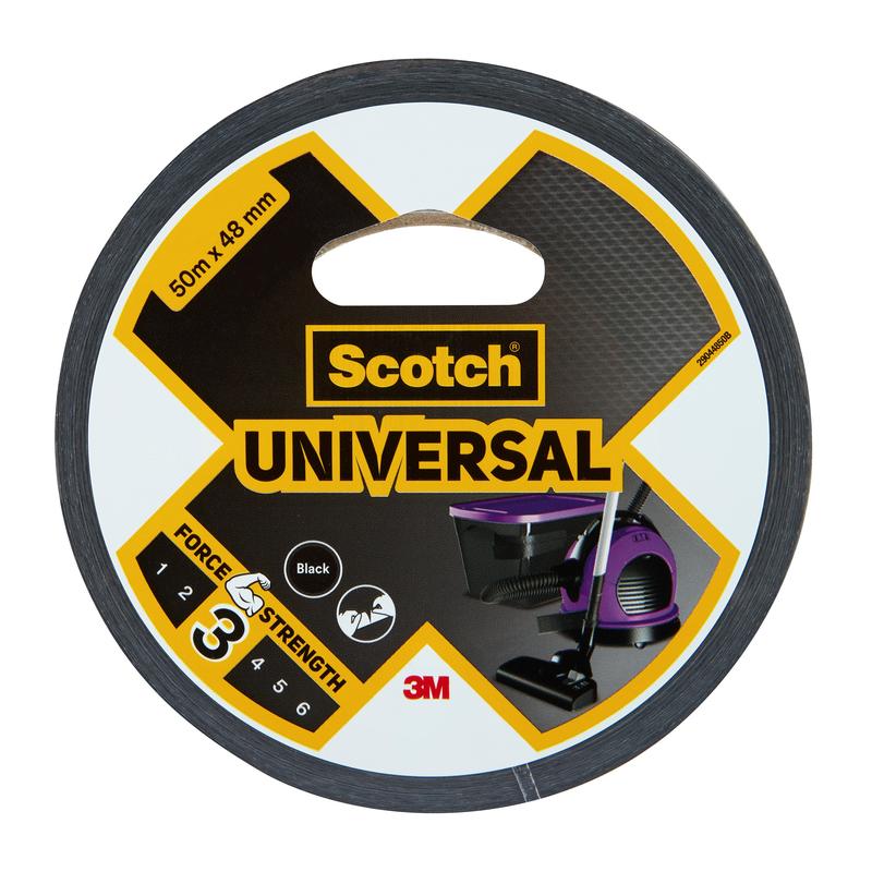 A roll of Scotch® Universal Tape 2904 from 3M Deutschland GmbH, 50 m x 48 mm, black. The packaging shows a strength of 3/6 and displays images of a vacuum cleaner and other devices.