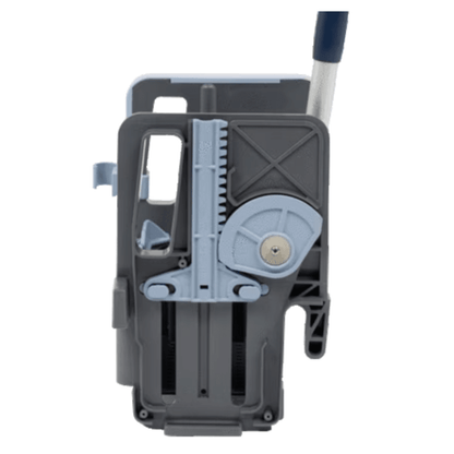 Close-up of a Vileda Professional Vertical Press device made of gray and blue plastic from Vileda GmbH with a wheel and handle. This mechanism includes gears and levers and is made of durable polypropylene, suggesting that it is part of a larger mechanical or cleaning device. Its dimensions are 23 x 23 x 32 cm.