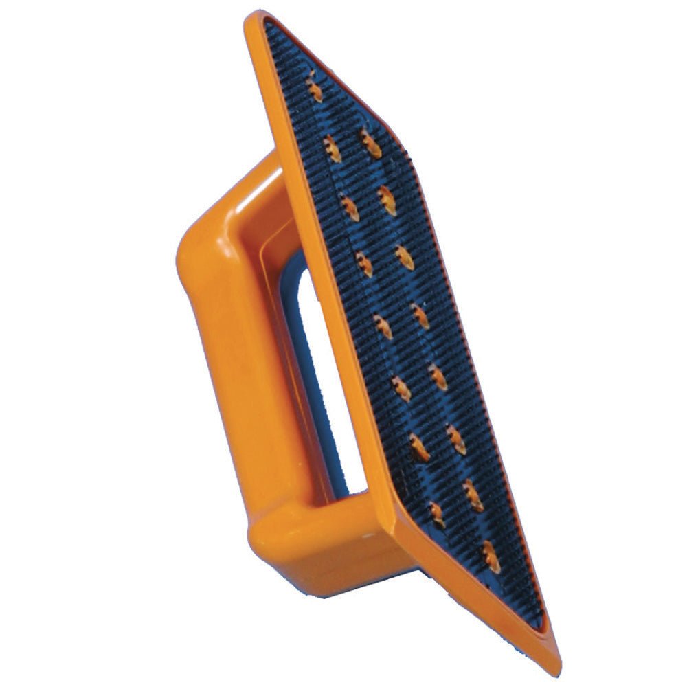 The edge cleaning device with handle from Diversey Deutschland GmbH & Co. OHG is a rectangular hand tool with a black, ribbed abrasive surface, ideal for precise sanding or smoothing of surfaces. Package: 1 piece.