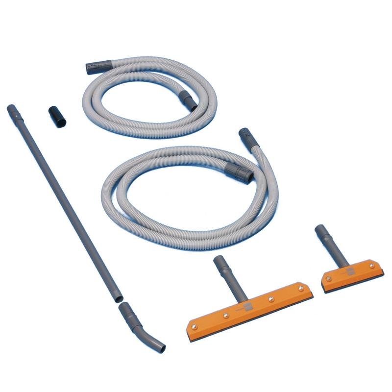 The TASKI vertica set from Diversey Deutschland GmbH & Co. OHG, a cleaning set for vertical glass surfaces, includes two gray hoses, metal pipes, a black nozzle, and three floor attachments - ideal for streak-free results.