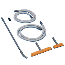 The TASKI vertica set from Diversey Deutschland GmbH & Co. OHG, a cleaning set for vertical glass surfaces, includes two gray hoses, metal pipes, a black nozzle, and three floor attachments - ideal for streak-free results.