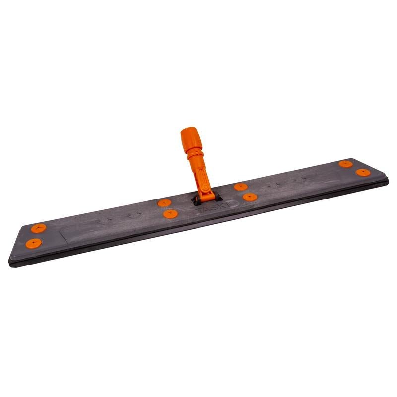 The TASKI Lamello Dust/Wet Mop 1 piece from Diversey Deutschland GmbH & Co. OHG features a flat, rectangular mop head with an orange swivel joint and fastening elements on a dark gray base for easy attachment of cleaning pads or microfiber cloth.
