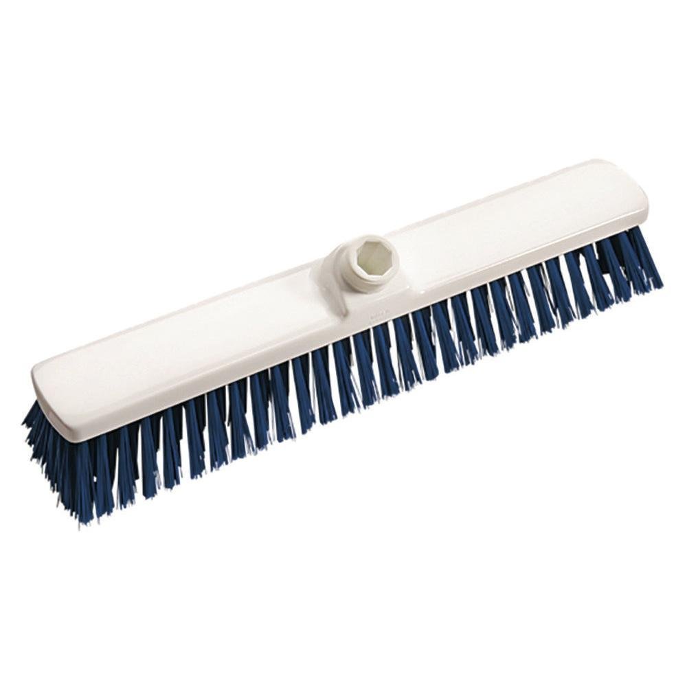 The yard broom 400x60x50 mm, medium-hard, by Diversey Deutschland GmbH & Co. OHG features a white rectangular head with blue medium-hard bristles and a central grip hole, ideal for outdoor cleaning, depicted on a plain white background.
