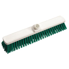 The yard broom 400x60x50 mm, medium-hard by Diversey Deutschland GmbH & Co. OHG features green medium-hard bristles and is ideal for outdoor cleaning when combined with a broom handle.