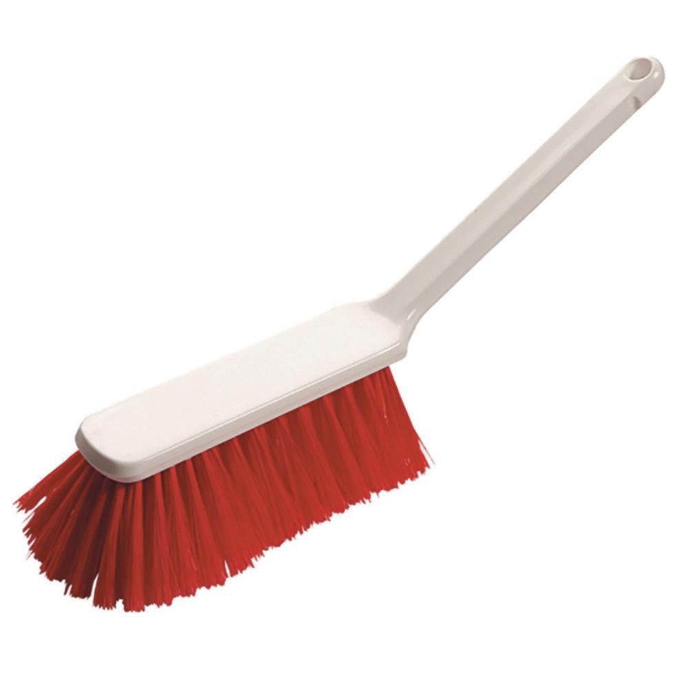 The hand broom 315x40x55 mm, soft from Diversey Deutschland GmbH & Co. OHG has soft, red bristles and a white plastic handle with a hanger - ideal for cleaning sensitive surfaces.