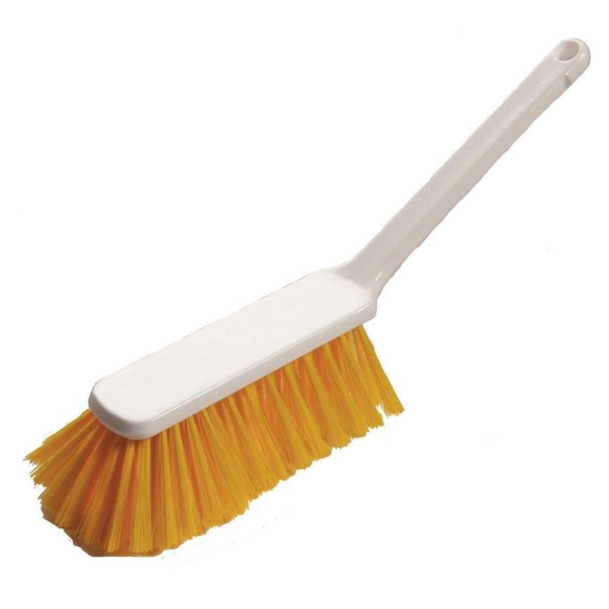 The hand broom 315x40x55 mm, soft from Diversey Deutschland GmbH & Co. OHG features a long white plastic handle and soft bristles, ideal for cleaning sensitive surfaces. Pictured on a white background.