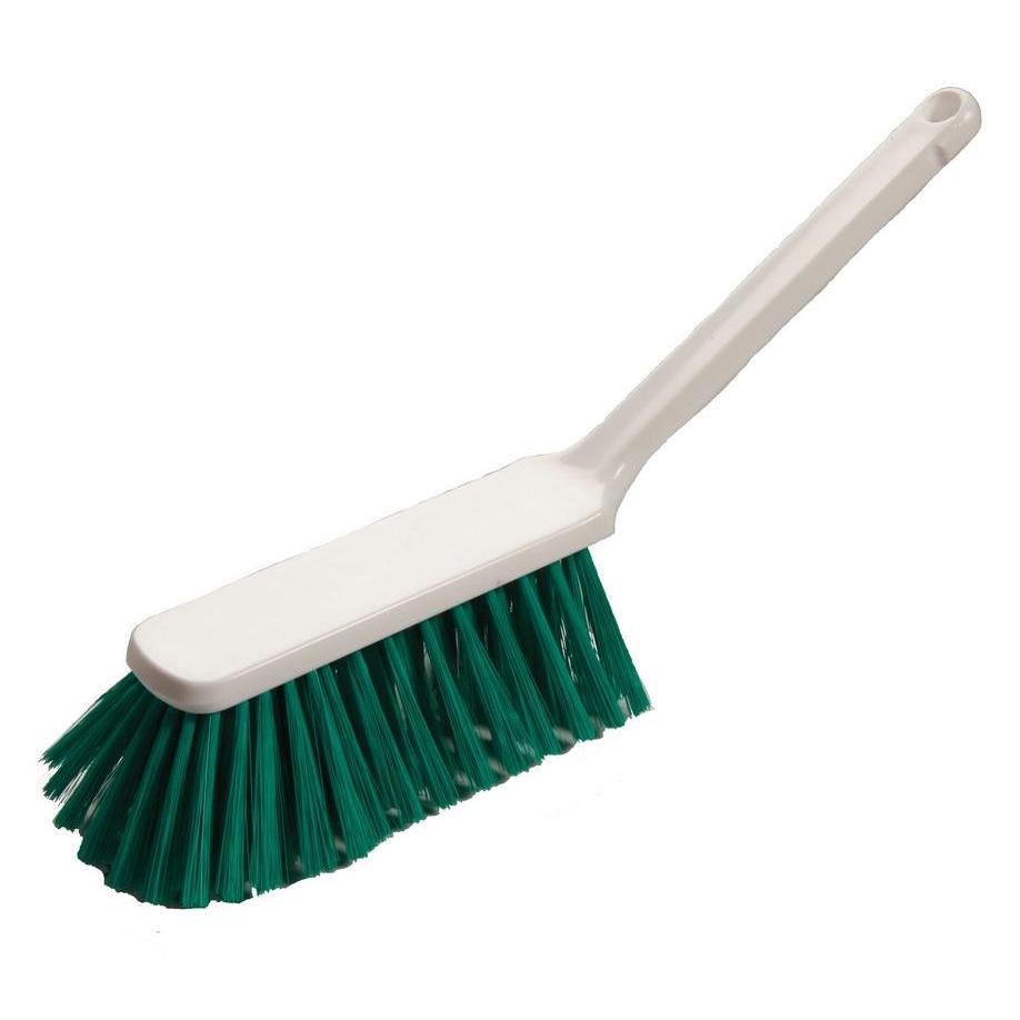 A hand broom with a white handle (315 x 40 x 55 mm) from Diversey Deutschland GmbH & Co. OHG with dense, soft, green bristles that are angled on one side - ideal for the gentle cleaning of sensitive surfaces. Pictured on a plain white background.