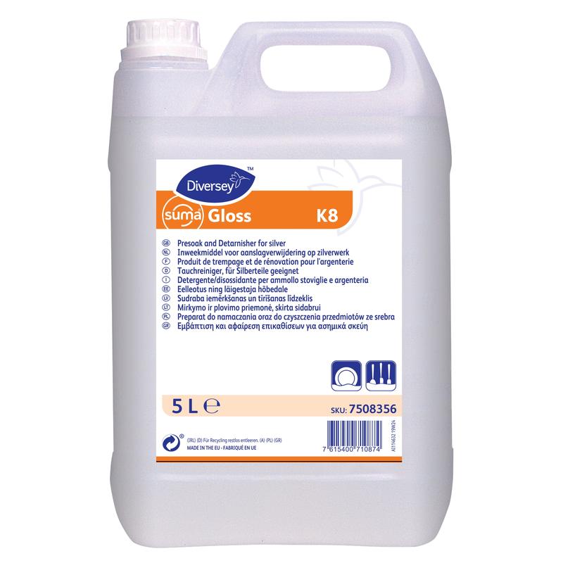 A 5-liter container made of transparent plastic with a handle, labeled "Diversey Suma Gloss K8", a liquid cutlery dip cleaner suitable for silver parts from Diversey Deutschland GmbH & Co. OHG, with multilingual information and a barcode.