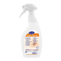 A white 750 ml spray bottle labeled "Diversey Deutschland GmbH & Co. OHG Room Care R4, Furniture Polish" with a white spray nozzle for wooden and plastic furniture, leaving a shiny surface on your furniture.