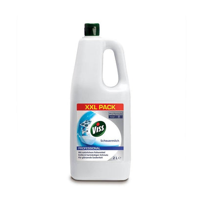 A 2-liter bottle of Professional Scouring Cream in white from Diversey Deutschland GmbH & Co. OHG with a green cap and handle, blue-red-green-white label design, and German product information.