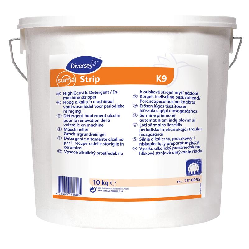 A 10 kg white plastic bucket of Suma Strip K9, a foam-inhibiting powdered dish cleaner from Diversey Deutschland GmbH & Co. OHG, ideal for dishwashers in the catering industry. Multilingual instructions on the label.