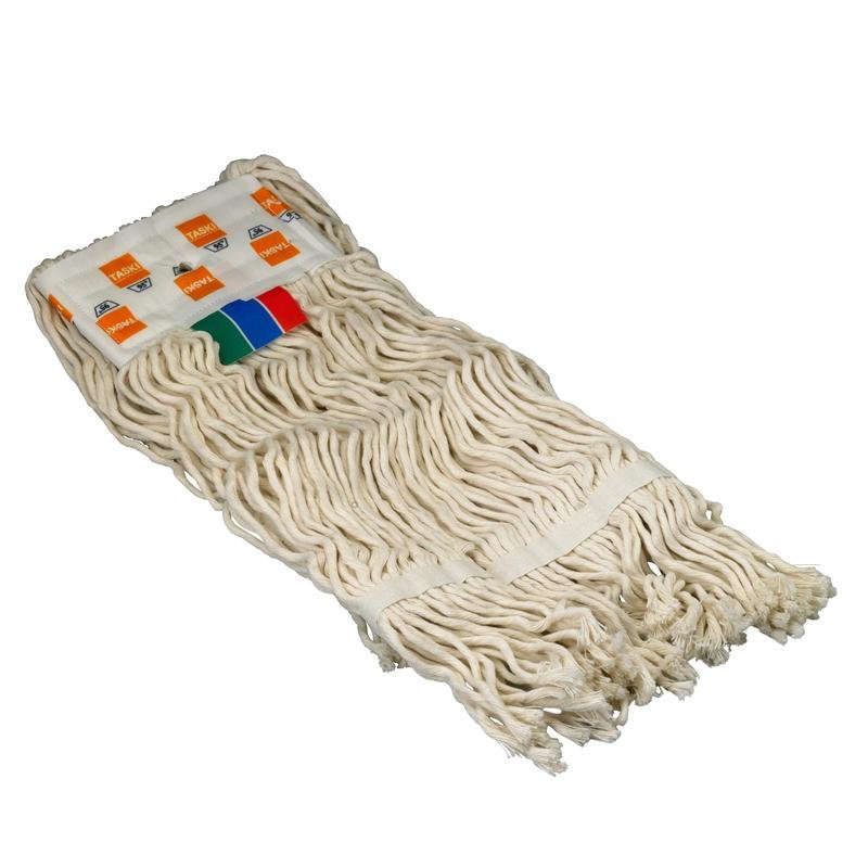 The TASKI Duo Mop Fringes (300 g) from Diversey Germany have absorbent 100% cotton fringes with band reinforcement, colored labels, are washable up to 95°C and ideal for TASKI Duo Mop systems. Box with 2 packs.