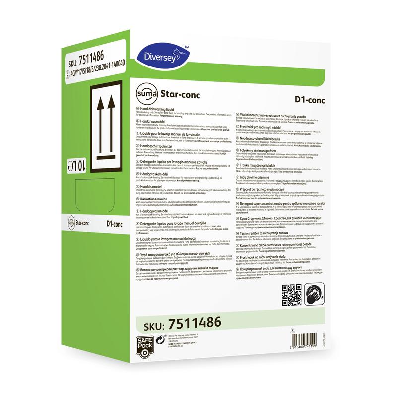 A green-white rectangular can with the inscription "Suma Star-conc D1 conc, highly concentrated manual dishwashing detergent" (10 l) by Diversey Deutschland GmbH & Co. OHG with black text, symbols, and barcodes for effective cleaning.