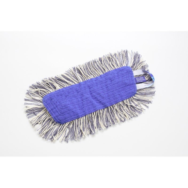 A TASKI K2 loop velcro mop with open fringes from Diversey Deutschland GmbH & Co. OHG with a blue, rectangular mop head and white as well as gray fringes lies on a white background.