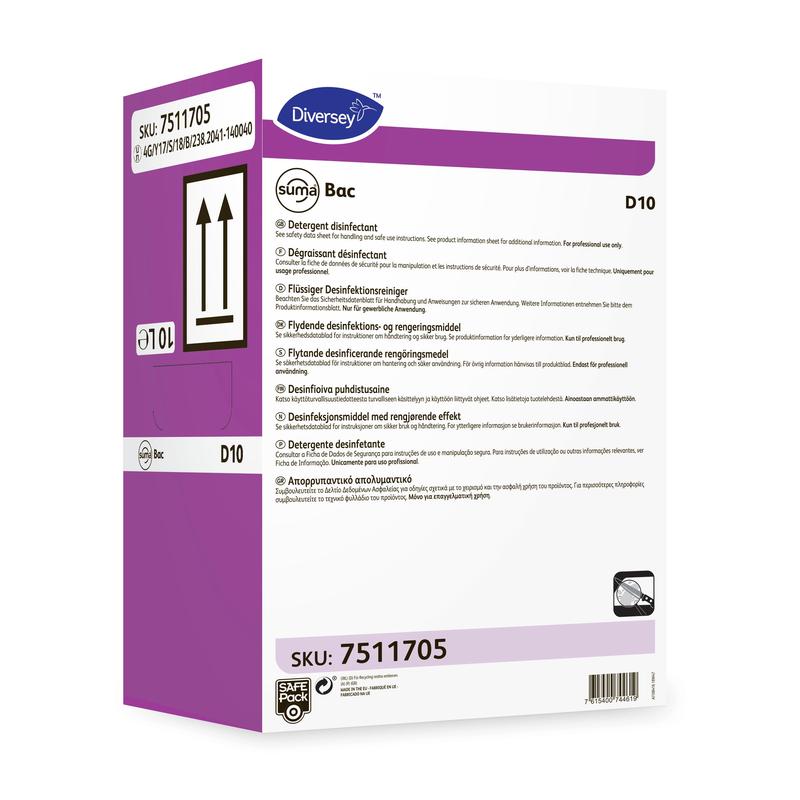 A white-violet box with the inscription "Suma Bac D10, Disinfectant Cleaner" from Diversey Deutschland GmbH & Co. OHG (SKU 7511705) with multilingual instructions and product details, as well as arrows indicating the correct upright positioning.