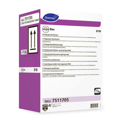 A white-violet box with the inscription "Suma Bac D10, Disinfectant Cleaner" from Diversey Deutschland GmbH & Co. OHG (SKU 7511705) with multilingual instructions and product details, as well as arrows indicating the correct upright positioning.