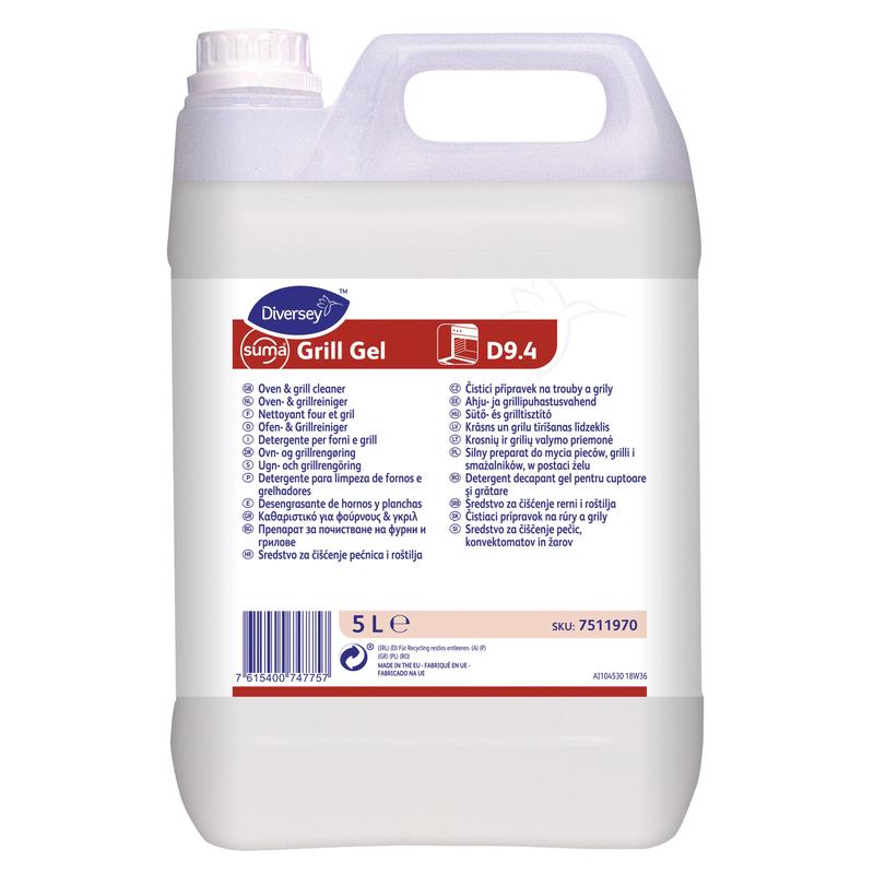 A white 5-liter canister of Diversey Suma Grill Gel D9.4 oven and grill cleaner with a purple lid and multilingual label, designed for the regular removal of burnt-on grease from ovens and grills.