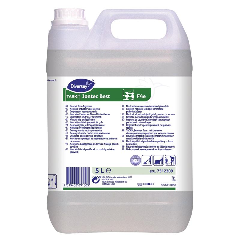 A 5-liter plastic container from Diversey Deutschland GmbH & Co. OHG TASKI Jontec Best oil and grease remover for commercial applications, with a white label with details, instructions for use, and a top handle for easy carrying.