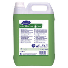 A green 5-liter plastic canister with Diversey TASKI Jontec Asset Neutral Floor Maintenance Cleaner for water-resistant hard floors, with a white cap, safety symbols, product label, and multilingual instructions on the front.