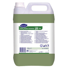 A 5-liter canister of TASKI Jontec Ceramica by Diversey, a streak-free cleaner for ceramic floors and high-gloss tiles, with a white label featuring blue/green text and symbols, and a handle on the top.
