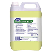 A 5L canister of Diversey TASKI Jontec Linosafe, high-performance linoleum base cleaner (1st step of the Linosecure system) from Diversey Deutschland GmbH & Co. OHG, has a white cap and a white handle as well as a multilingual label with information and symbols.