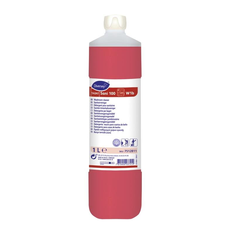 A 1-liter bottle of TASKI Sani 100 Neutral Sanitary Cleaner from Diversey Deutschland GmbH & Co. OHG has a white cap, a red body, and a white label with product details and multilingual instructions for hygienic sanitary cleaning.