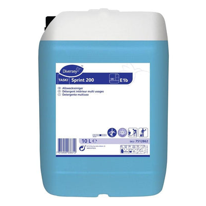 A 10-liter plastic container with TASKI Sprint 200 alcohol-based maintenance cleaner from Diversey Deutschland GmbH & Co. OHG, with blue liquid, product labels with cleaning symbols, and safety instructions on the front for effective floor hygiene.