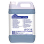 A 5-liter plastic container of TASKI Sprint Flower Deodorizing Maintenance Cleaner from Diversey Deutschland GmbH & Co. OHG, with a white multilingual label and filled with fresh blue cleaning liquid.