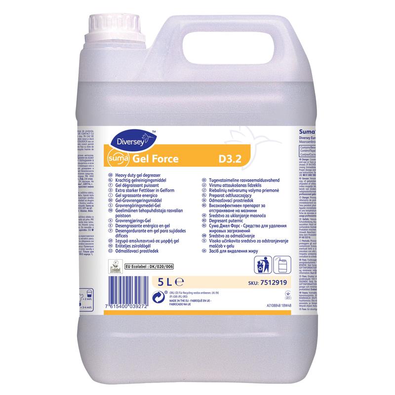 A 5-liter bottle of Suma Gel Force D3.2, an environmentally certified, high-performance gel degreaser with extended contact time from Diversey Deutschland GmbH & Co. OHG, ideal for large kitchens.