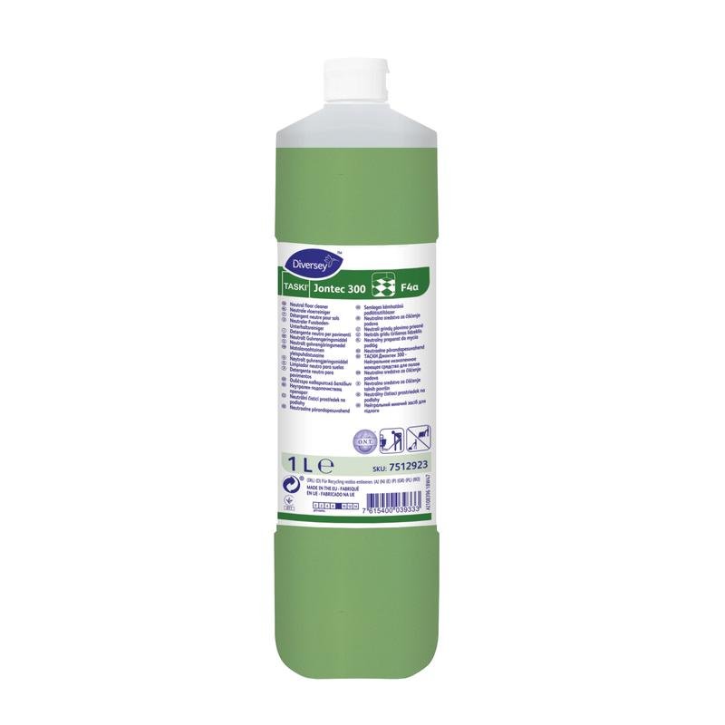 A 1-liter bottle of TASKI Jontec 300 Neutral Floor Maintenance Cleaner from Diversey Deutschland GmbH & Co. OHG with green liquid, white cap, multilingual label, and instructions for streak-free shine on water-resistant surfaces.