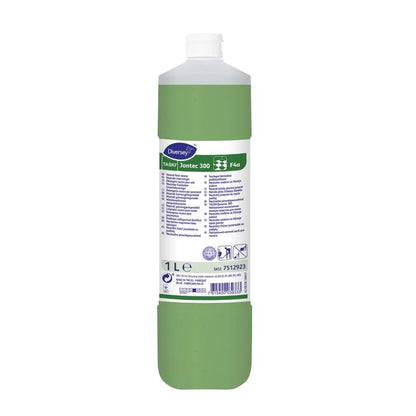 A 1-liter bottle of TASKI Jontec 300 Neutral Floor Maintenance Cleaner from Diversey Deutschland GmbH & Co. OHG with green liquid, white cap, multilingual label, and instructions for streak-free shine on water-resistant surfaces.