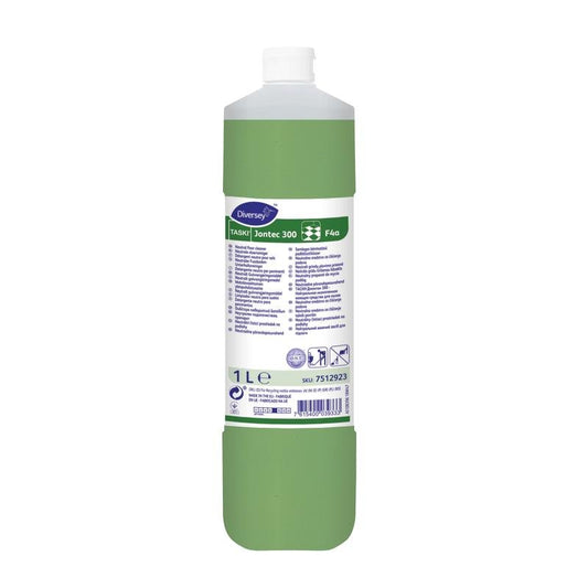 A 1-liter bottle of TASKI Jontec 300 Neutral Floor Maintenance Cleaner from Diversey Deutschland GmbH & Co. OHG with green liquid, white cap, multilingual label, and instructions for streak-free shine on water-resistant surfaces.