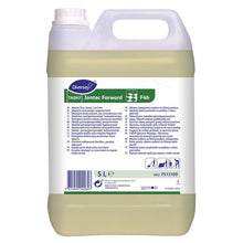 A 5L canister of TASKI Jontec Forward, periodic floor cleaner from Diversey Deutschland GmbH & Co. OHG, with a white cap and multilingual label, also suitable for the top-stripping method.