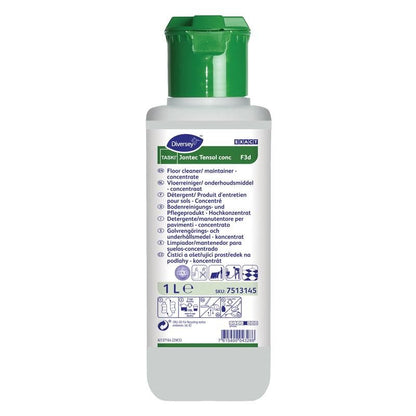 A 1-liter white bottle of TASKI Jontec Tensol high-concentrate cleaner from Diversey Deutschland GmbH & Co. OHG, a concentrated floor cleaner with a green cap and multilingual instructions on the front label.