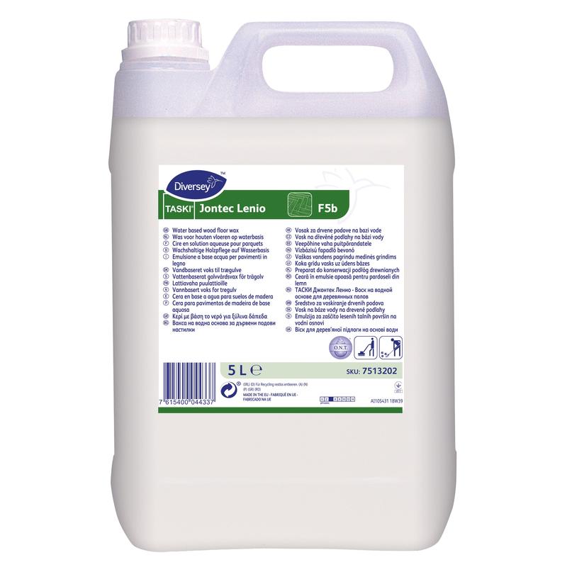 A 5-liter canister of Diversey TASKI Jontec Lenio, a solvent-free wax dispersion for the care of wooden floors, from Diversey Deutschland GmbH & Co. OHG, with handle, screw cap, and multilingual product label.