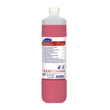 The 1 l TASKI Sani Ami sanitary cleaner from Diversey Deutschland GmbH & Co. OHG uses alkaline and complexing agents to remove stubborn dirt; includes a white cap and multilingual label for easy use.