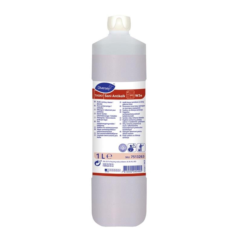 A 1-liter bottle of TASKI Sani Antikalk, acidic sanitary maintenance cleaner and descaler from Diversey Deutschland GmbH & Co. OHG, with a white cap and a label with information, application instructions, and safety symbols.