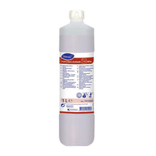 A 1-liter bottle of TASKI Sani Antikalk, acidic sanitary maintenance cleaner and descaler from Diversey Deutschland GmbH & Co. OHG, with a white cap and a label with information, application instructions, and safety symbols.
