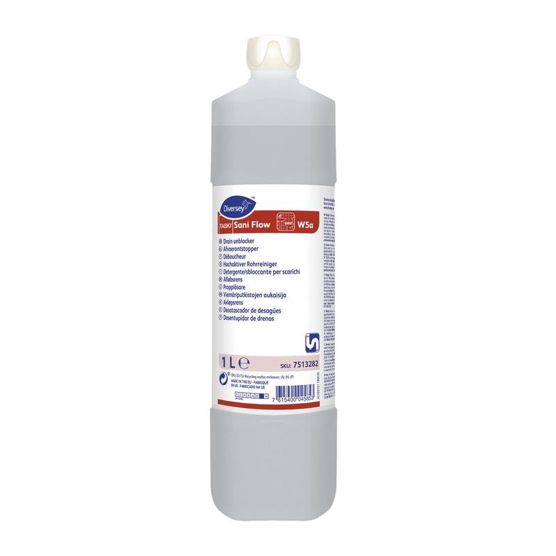 A 1-liter bottle of TASKI Sani Flow, a highly active, highly alkaline pipe cleaner from Diversey Deutschland GmbH & Co. OHG, with a multilingual label and a white cap. The clear liquid efficiently removes blockages.
