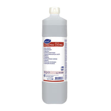 A 1-liter bottle of TASKI Sani Flow, a highly active, highly alkaline pipe cleaner from Diversey Deutschland GmbH & Co. OHG, with a multilingual label and a white cap. The clear liquid efficiently removes blockages.