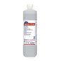 A 1-liter bottle of TASKI Sani Flow, a highly active, highly alkaline pipe cleaner from Diversey Deutschland GmbH & Co. OHG, with a multilingual label and a white cap. The clear liquid efficiently removes blockages.