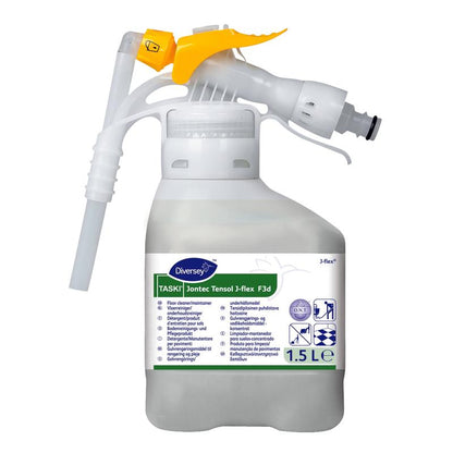 A 1.5-liter container made of white plastic with TASKI Jontec Tensol high-concentrate cleaner from Diversey Deutschland GmbH & Co. OHG, with a yellow spray nozzle and a label with product details and usage instructions.