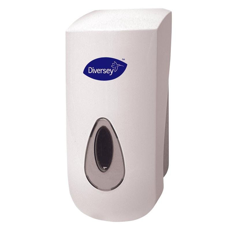 A white, wall-mounted Soft Care bulk refill dispenser (800 ml) from Diversey Deutschland GmbH & Co. OHG features a transparent window, a blue "Diversey" logo, manual operation, and is lockable. Compatible with 800 ml Soft Care refill dispensers.