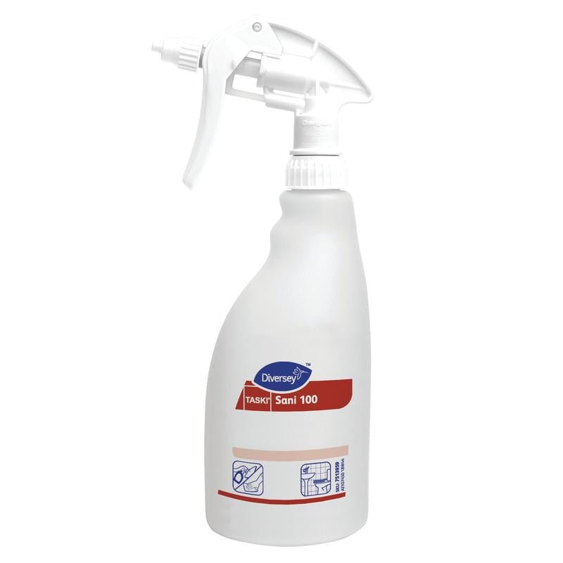 A white trigger spray bottle (0.5L) from Diversey Deutschland GmbH & Co. OHG with the label "Sani 100" and a red trigger, with blue and red cleaning instructions on the front; available as a refill bottle in a box with 5 bottles.